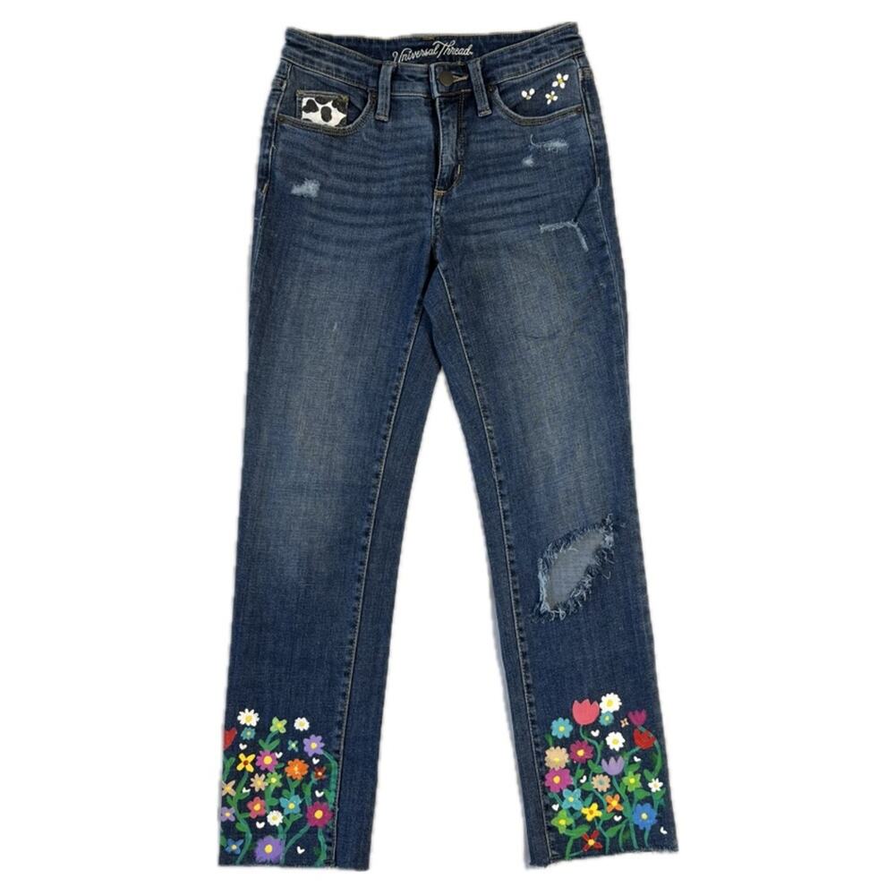 Cottagecore Painted High Rise 00 26" Straight Crop Distressed Jeans Hippie - Picture 4 of 11